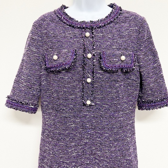 Rickie Freeman for Teri Jon Purple Tweed Pearl Accented Short Sleeve Midi Dress - Picture 2 of 6